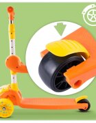 MalPlay Trotineta pentru copii model 2 in 1 cu trei roti dotata cu scaunel detasabil ghidon ajustabil in 4 trepte platforma antiderapanta roti luminoase cu led frana pe roata din spate si functie de pliere orange kitty