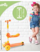 MalPlay Trotineta pentru copii model 2 in 1 cu trei roti dotata cu scaunel detasabil ghidon ajustabil in 4 trepte platforma antiderapanta roti luminoase cu led frana pe roata din spate si functie de pliere orange kitty