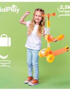 MalPlay Trotineta pentru copii model 2 in 1 cu trei roti dotata cu scaunel detasabil ghidon ajustabil in 4 trepte platforma antiderapanta roti luminoase cu led frana pe roata din spate si functie de pliere orange kitty