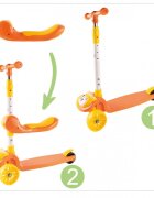 MalPlay Trotineta pentru copii model 2 in 1 cu trei roti dotata cu scaunel detasabil ghidon ajustabil in 4 trepte platforma antiderapanta roti luminoase cu led frana pe roata din spate si functie de pliere orange kitty