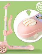 MalPlay Trotineta pentru copii pliabila 3 in 1 scaunel detasabil roti din PU cu lumini Led punte antiderapanta si frana de picior ghidon reglabil pe inaltime manere ergonomice elice rotativa 59 x 30.5 x 66 cm Pink