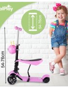 MalPlay Trotineta pentru copii pliabila scaunel detasabil roti PU cu Led punte antiderapanta si frana de picior cu scaunel si ghidon reglabil pe inaltime manere ergonomice cosulet incorporat Pink LadyBug