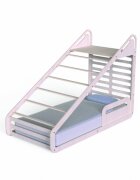 MamaToyz Pat Montessori din lemn cu tobogan tabla de scris masuta si leagan natur 250x100x150 cm