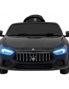 Maserati Masinuta electrica pentru copii Ghibli negru 60W cu telecomanda pornire lenta lumini suspensii panou audio scaun piele si roti din spuma Eva