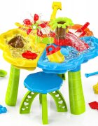 Matadi Masuta de activitati 2in1 pentru apa si nisip cu 3 compartimente scaunel inclus moara de apa galetusa stropitoare si forme nisip