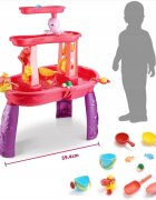 Matadi Masuta de activitati pentru apa si nisip Pink cu stropitoare galeata lopeti si forme dimensiune 72.8 x 34 x 59.4 cm