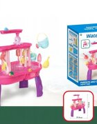 Matadi Masuta de activitati pentru apa si nisip Pink cu stropitoare galeata lopeti si forme dimensiune 72.8 x 34 x 59.4 cm