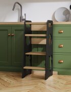 Meble Wrobel Turn de invatare din lemn pentru copii Teddy BlackPine design montessori robust margini rotunjite cu platforma si trepte reglabile dimensiune 90 x 44 x 39.5 cm