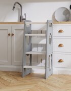 Meble Wrobel Turn de invatare din lemn pentru copii Teddy GrayWhite design montessori robust margini rotunjite cu platforma si trepte reglabile dimensiune 90 x 44 x 39.5 cm