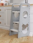 Meble Wrobel Turn de invatare din lemn pentru copii Teddy GrayWhite design montessori robust margini rotunjite cu platforma si trepte reglabile dimensiune 90 x 44 x 39.5 cm