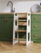 Meble Wrobel Turn de invatare din lemn pentru copii Teddy WhitePine design montessori robust margini rotunjite cu platforma si trepte reglabile dimensiune 90 x 44 x 39.5 cm