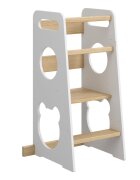 Meble Wrobel Turn de invatare din lemn pentru copii Teddy WhitePine design montessori robust margini rotunjite cu platforma si trepte reglabile dimensiune 90 x 44 x 39.5 cm