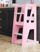 Meble Wrobel Turn de invatare din lemn pentru copii Triangle PinkWhite design montessori robust margini rotunjite cu platforma si trepte reglabile dimensiune 90 x 44 x 39.5 cm