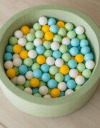 MeowBaby® Set 200 bile din plastic 7 cm MeowBaby pentru centru de joaca verde deschis baby blue alb si galben