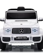 MERCEDES-BENZ Masinuta electrica pentru copii cu licenta G63 Alb telecomanda 2.4G scaun din piele lumini LED oglinzi retrovizoare muzica usi inalte cu deschidere suspensii centura de siguranta