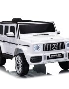 MERCEDES-BENZ Masinuta electrica pentru copii cu licenta G63 Alb telecomanda 2.4G scaun din piele lumini LED oglinzi retrovizoare muzica usi inalte cu deschidere suspensii centura de siguranta
