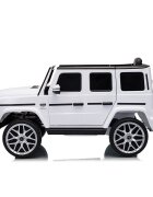 MERCEDES-BENZ Masinuta electrica pentru copii cu licenta G63 Alb telecomanda 2.4G scaun din piele lumini LED oglinzi retrovizoare muzica usi inalte cu deschidere suspensii centura de siguranta