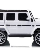 MERCEDES-BENZ Masinuta electrica pentru copii cu licenta G63 Alb telecomanda 2.4G scaun din piele lumini LED oglinzi retrovizoare muzica usi inalte cu deschidere suspensii centura de siguranta