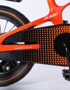 Mesuca Bicicleta copii Lamborghini cadru magneziu portocalie 14 inchscaun reglabil de la 50 la 55 cm potrivita pentru copii cu inaltimi intre 95-120 cm frane pe ghidon pedale antiderapabile