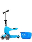 MICRO Trotineta Mini2go Deluxe Blue cu 3 roti scaunel spatiu depozitare ghidon telescopic roti din silicon greutate admisa 50 kg