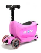 MICRO Trotineta Mini2go Deluxe Pink cu 3 roti scaunel spatiu depozitare ghidon telescopic roti din silicon greutate admisa 50 kg