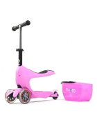 MICRO Trotineta Mini2go Deluxe Pink cu 3 roti scaunel spatiu depozitare ghidon telescopic roti din silicon greutate admisa 50 kg