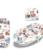 MimiNu Set pentru landoucosulet cu protectie saltea si pernuta din bumbac design Zoo in train
