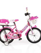 MONI Bicicleta pentru copii Swimming Pink 16 inch cu roti ajutatoare varsta 4-6 ani frana de mana pe ambele roti cos in fata si portbagaj pe spate oglinda si clopotel pe ghidon scaun reglabil pe inaltime