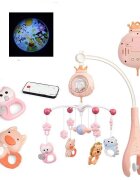 MONI Carusel pentru patut copii Penguin Pink cu telecomanda Functie rotatie Sunete albe Volum reglabil Functie lampa de veghe Timer Melodii
