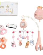 MONI Carusel pentru patut copii Penguin Pink cu telecomanda Functie rotatie Sunete albe Volum reglabil Functie lampa de veghe Timer Melodii