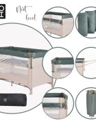 MONI Patut pliabil copii cu laterala culisanta Next level Green3 variante de folosire 2 nivele saltea pliabila inclusa curea fixare la patul parintilor laterale din plasa pentru ventilatie geanta transport125x65x74cm