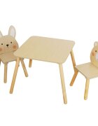 MONI Set masuta si 2 scaunele cu spatar pentru copii din material MDF Bear and Bunny Beige