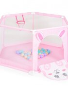MONI Tarc de joaca pliabil 146x146cmfereastra de acces cu fermoarcos de baschet si 50bile multicolore incluse Iepuras Roz