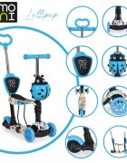 MONI Trotineta evolutiva Scooter 3in1 cu maner parentalviraj intuitivinaltime ghidon reglabila pe 3 nivelebaza antiderapantascaunel cu spatarroti PU cu lumini si cosulet Lollipop Blue