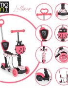 MONI Trotineta evolutiva Scooter 3in1 cu maner parentalviraj intuitivinaltime ghidon reglabila pe 3 nivelebaza antiderapantascaunel cu spatarroti PU cu lumini si cosulet Lollipop Red
