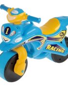 MYKIDS Motocicleta pentru copii fara pedale Racing 01391 AlbastruGalben prevazuta cu butoane pentru efecte sonore ghidon inalt Inaltimea scaunului 29 cm