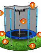 Neo Sport Trambulina de gradina pentru copii 140 cm 4.5ft Neo-Sport Albastru Plasa exterioara Stalpi metalici cu protectie din burete Intrare cu fermoar si catarama Covoras impermeabil flexibil