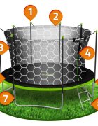 Neo Sport Trambulina de gradina pentru copii Neo-Sport Comb 374cm 12FTcu Scara si Plasa interioara Stalpi metalici cu protectie din burete Intrare cu fermoar si catarama Covoras impermeabil flexibil Sarcina maxima 150kg