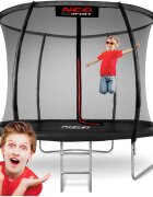 Neo Sport Trambulina de gradina pentru copii Neo-Sport Negru 312 cm 10FT cu Scara si Plasa interioara Stalpi metalici cu protectie din burete Intrare cu fermoar si catarama Covoras impermeabil flexibil Sarcina maxima 150kg
