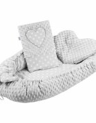 New Baby Set 3 piese Luxury Baby Nest cu doua fete cu paturica si pernuta in forma de inima Minky Heart Grey