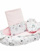 New Baby Set 3 piese Luxury Baby Nest cu paturica si pernuta in forma de inima Minky Bears Pink