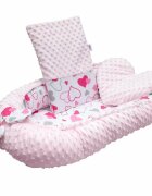 New Baby Set 3 piese Luxury Baby Nest cu paturica si pernuta in forma de inima Minky Hearts Pink