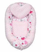 New Baby Set 3 piese Luxury Baby Nest cu paturica si pernuta in forma de inima Minky Hearts Pink