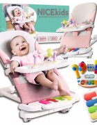 NICEkids Balansoar pentru copii pliabil cu roti si pian detasabil 3 nivele de inclinare tavita detasabila Jucarii interactive atasate 40 x 68 x 67 cm Pink