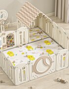 Nichiduta Garden Gardulet loc de joaca Moon House Coffee 200x160 cm cu poarta de siguranta cos de baschet tabla de scris covoras din spuma 1cm grosime cuburi cosulet pliabil 100 bile si casuta