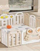 Nichiduta Garden Gardulet loc de joaca pentru copii Beige Frog pliabil si portabil compus din 14 panouri de gard + 2 panouri laterale cu Cos de baschet si angrenaje rotative dimensiune 150 x 187.5cm