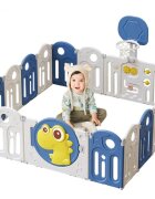 Nichiduta Garden Gardulet loc de joaca pentru copii Blue Dinosaur pliabil portabil compus din 14 panouri de gard + 2 panouri laterale cos de baschet usa cu blocare inalt 61 cm
