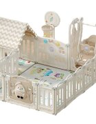 Nichiduta Garden Gardulet loc de joaca Pinguin White cu margini rotunjite usa cu blocare de siguranta cos de baschet casuta leagan reglabil pe inaltime si bile multicolore