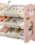 Nichiduta Garden Organizator pentru copii Pink Bear cu rafturi deschise pe 3 nivele include 6 cutii mici si 3 cutii mari dimensiune 86 x 33 x 66 cm