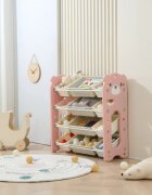 Nichiduta Garden Organizator pentru copii Pink Bear cu rafturi deschise pe 4 nivele include 8 cutii mici si 4 cutii mari dimensiune 33 x 86 x 85 cm